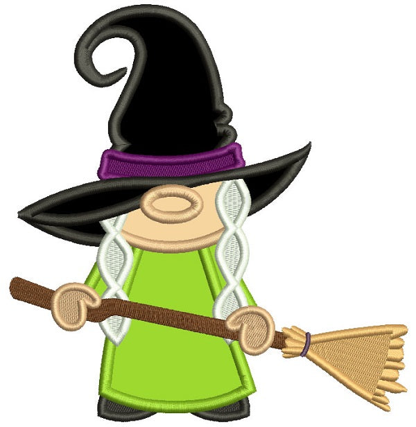 Witch Wearing Huge Hat Holding a Broom Halloween Applique Machine Embroidery Design Digitized Pattern