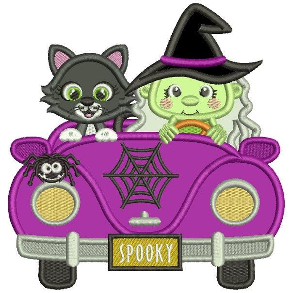Witch and Black Cat Driving a Car Halloween Applique Machine Embroidery Design Digitized Pattern