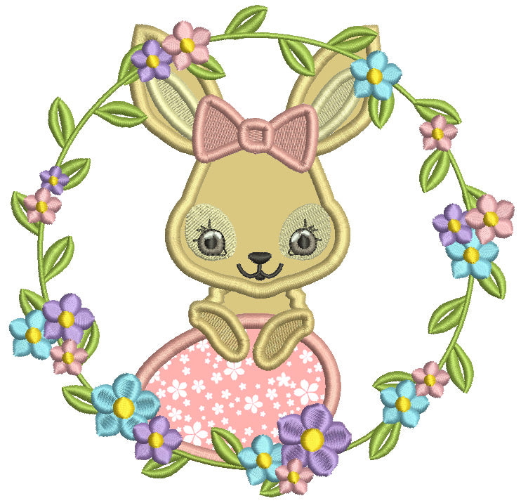 Wreath Easter Bunny Holding Egg Applique Machine Embroidery Design Digitized Pattern