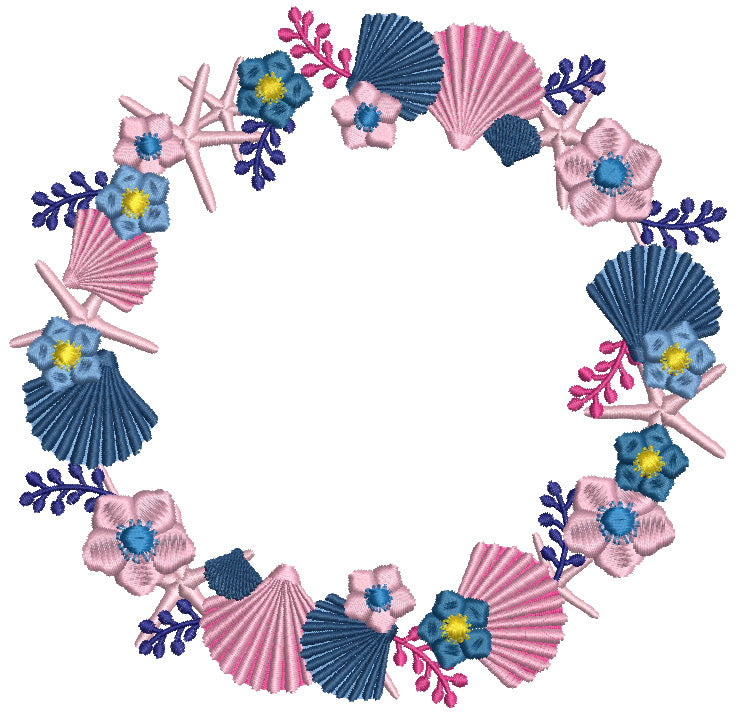 Wreath With Seashells And Flowers Filled Machine Embroidery Design Digitized Pattern