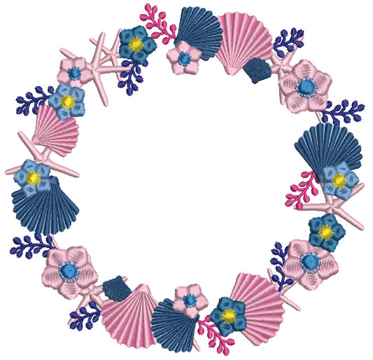 Wreath With Seashells And Flowers Filled Machine Embroidery Design Digitized Pattern