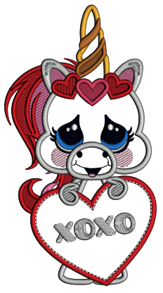 XOXO Unicorn Holding Big Heart Valentine's Day Applique Machine Embroidery Design Digitized Pattern