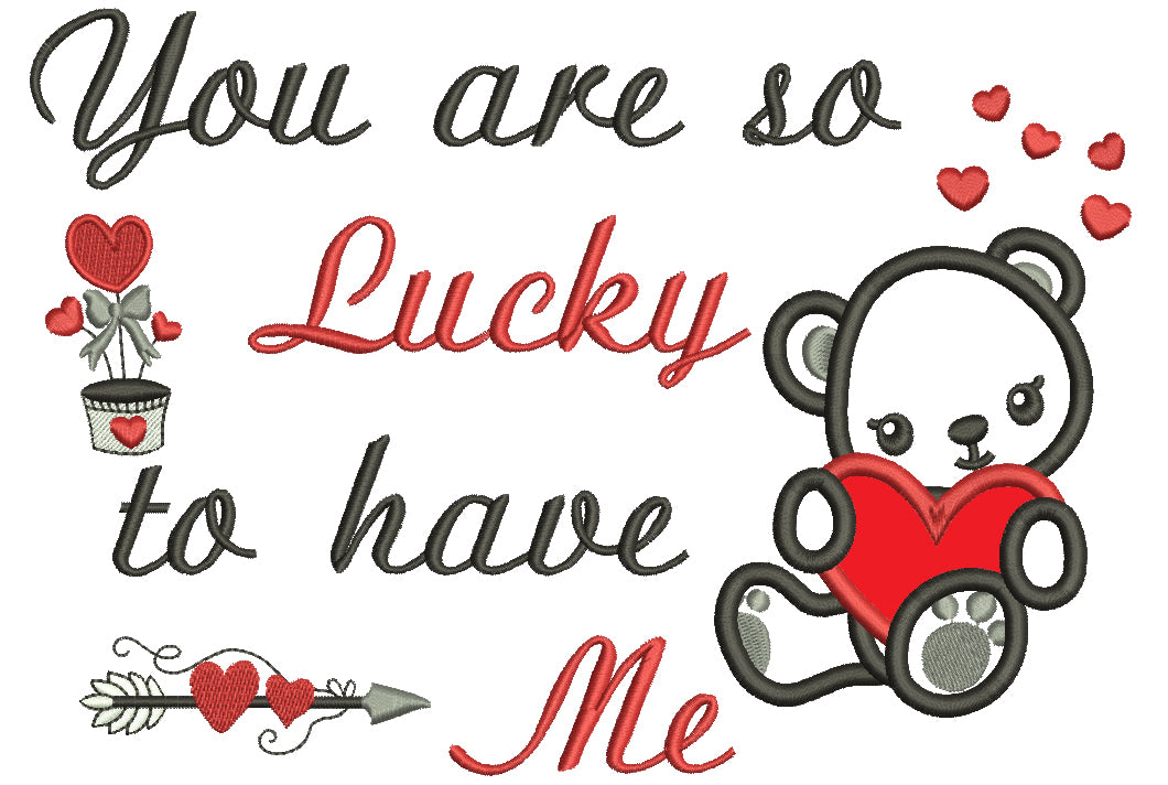 You Are So Lucky To Have Me Cute Little Bear With a Heart Applique Machine Embroidery Design Digitized Pattern