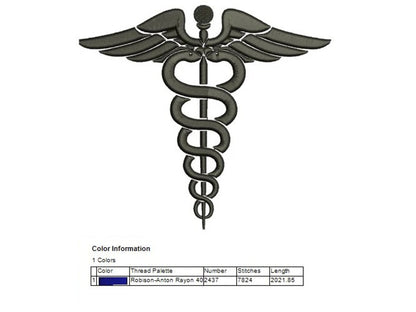 Medical Caduceus Embroidery- Instant Download Machine Embroidery Design 4x4 , 5x7, and 6x10 hoops, Nurses, Doctors, LPn