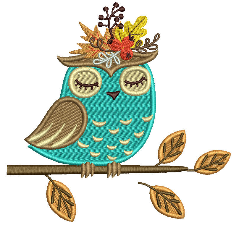 Beautiful Fall Owl Sitting On The Branch Filled Machine Embroidery Design Digitized Pattern