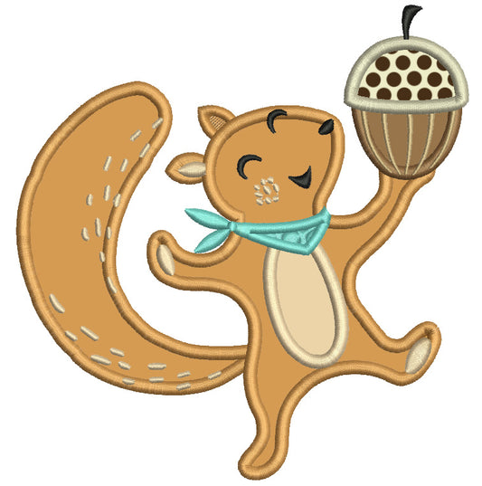 Happy Squirrel Dancing and Holding an Acorn Fall Applique Machine Embroidery Design Digitized Pattern