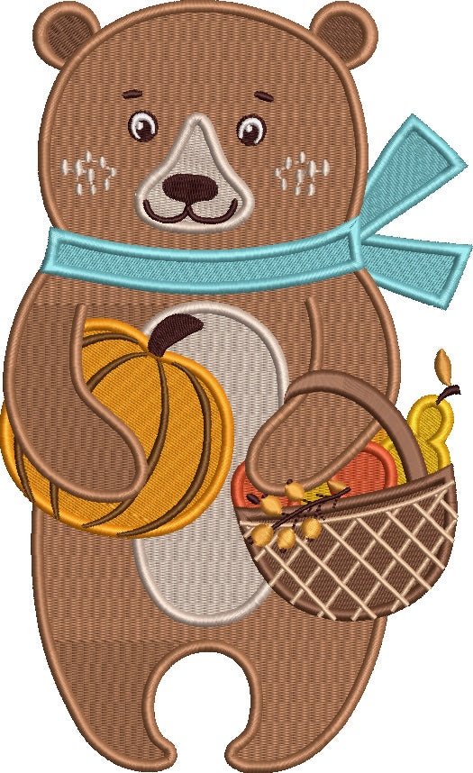 Cute Bear Holding Basket With Pumpkins Fall Filled Machine Embroidery Design Digitized Pattern