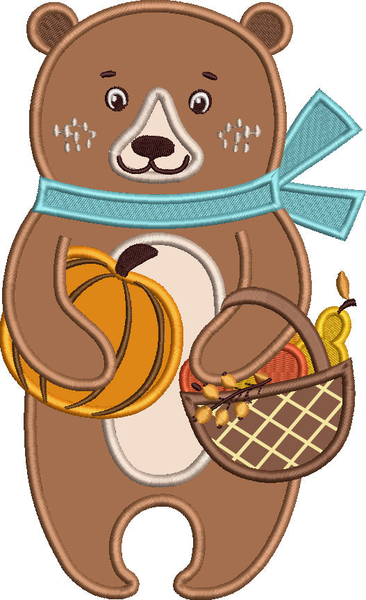 Cute Bear Holding Basket With Pumpkins Fall Applique Machine Embroidery Design Digitized Pattern