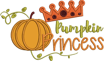 Pumpkin Princess Crown Fall Applique Machine Embroidery Design Digitized Pattern