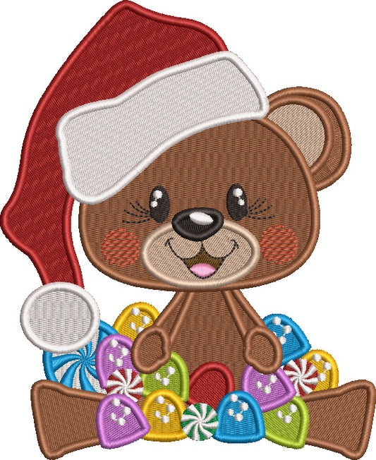 Cute Bear Wearing Santa Hat With Candy Christmas Filled Machine Embroidery Design Digitized Pattern