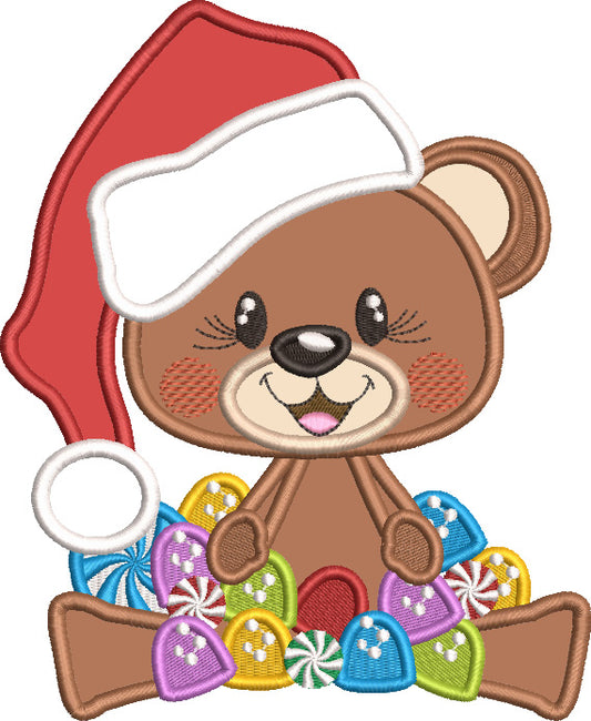Cute Bear Wearing Santa Hat With Candy Christmas Applique Machine Embroidery Design Digitized Pattern