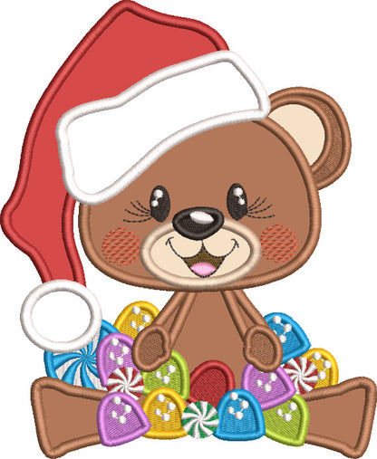 Cute Bear Wearing Santa Hat With Candy Christmas Applique Machine Embroidery Design Digitized Pattern