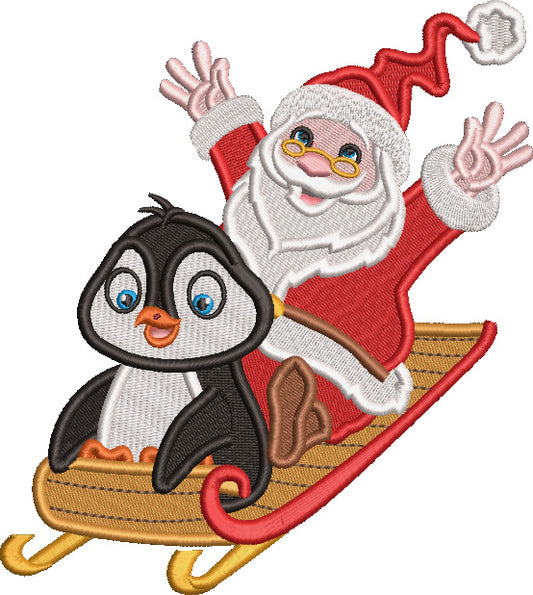 Santa And Penguin Sledding Christmas Filled Machine Embroidery Design Digitized Pattern