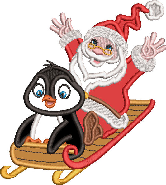 Santa And Penguin Sledding Christmas Applique Machine Embroidery Design Digitized Pattern