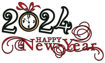 2024 Happy New Year Clock Strikes Twelve Applique Machine Embroidery Design Digitized Pattern