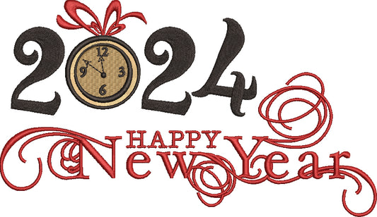 2024 Happy New Year Clock Strikes Twelve Filled Machine Embroidery Design Digitized Pattern