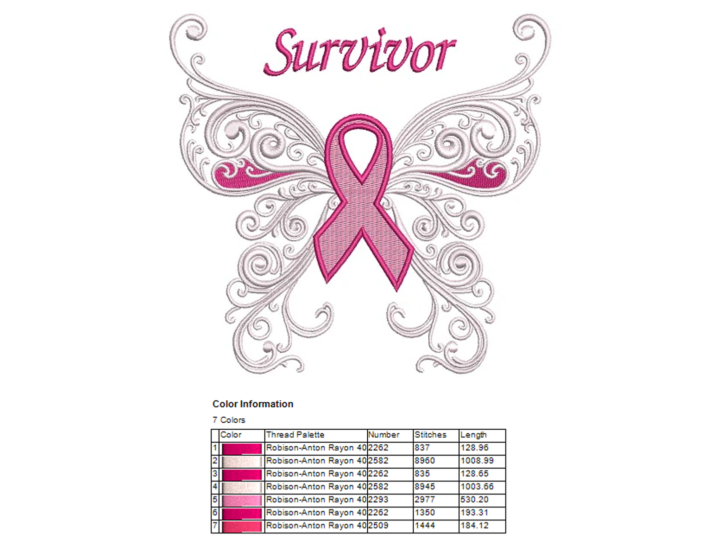 Survivor Breast Cancer Butterfly with Wings Machine Filled Embroidery Digitized Design Pattern