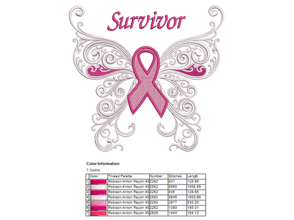 Survivor Breast Cancer Butterfly with Wings Machine Filled Embroidery Digitized Design Pattern
