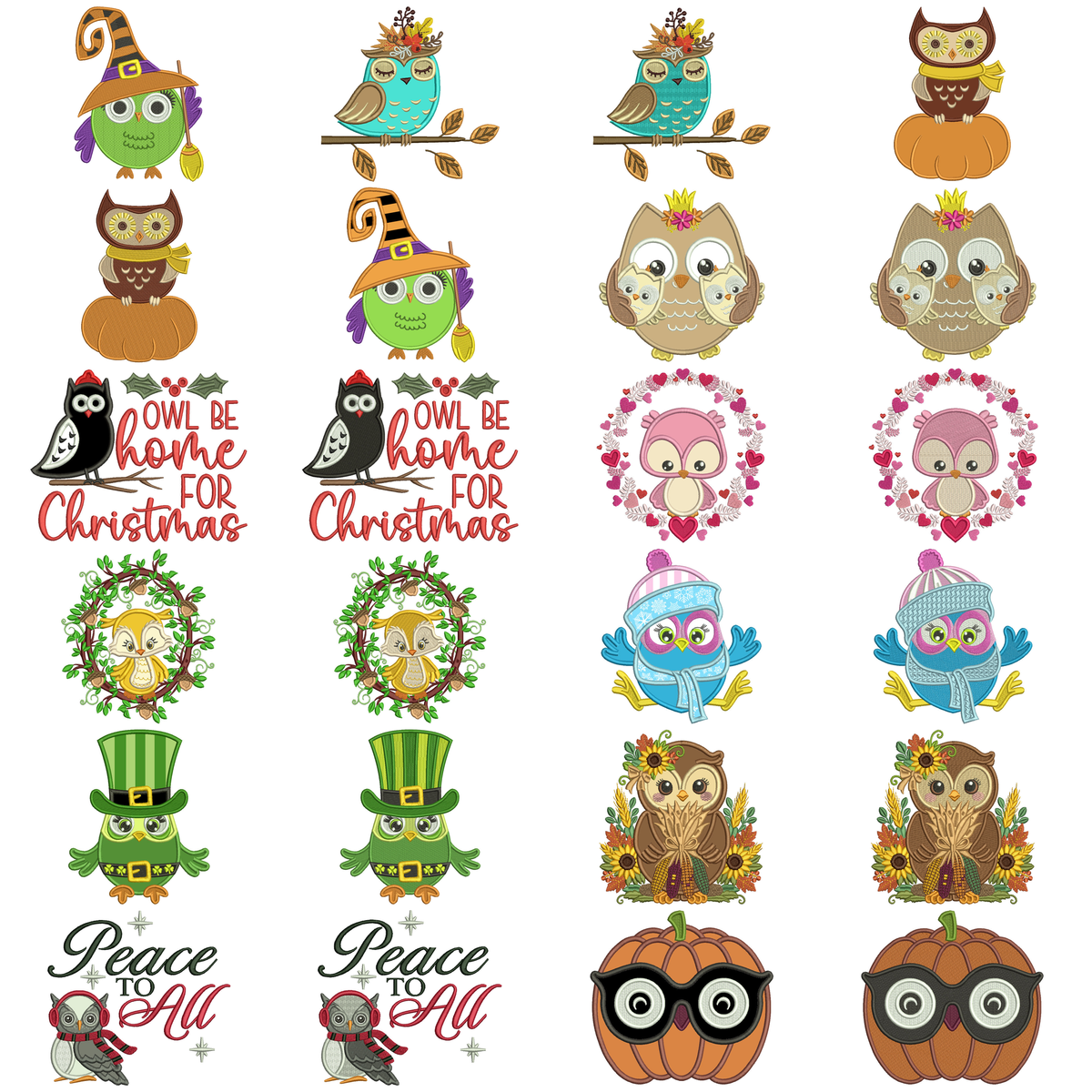 24 Owl Machine Embroidery Designs Power Pack #1 - Set 12 Filled and 12 Applique Instant Download Files