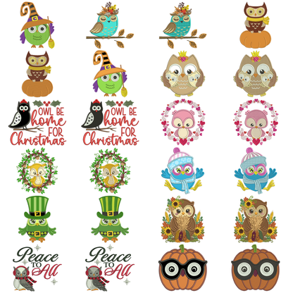 24 Owl Machine Embroidery Designs Power Pack #1 - Set 12 Filled and 12 Applique Instant Download Files