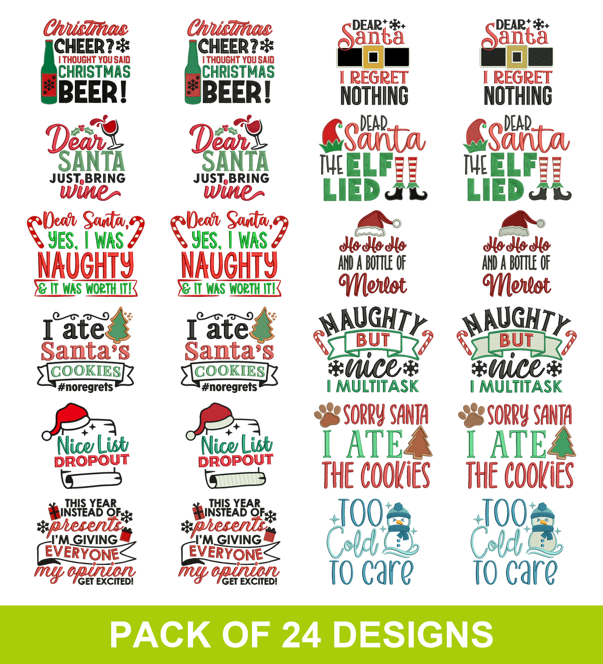 24 Sarcastic Christmas Machine Embroidery Designs Value Set 12 Filled and 12 Applique Instant Download Files