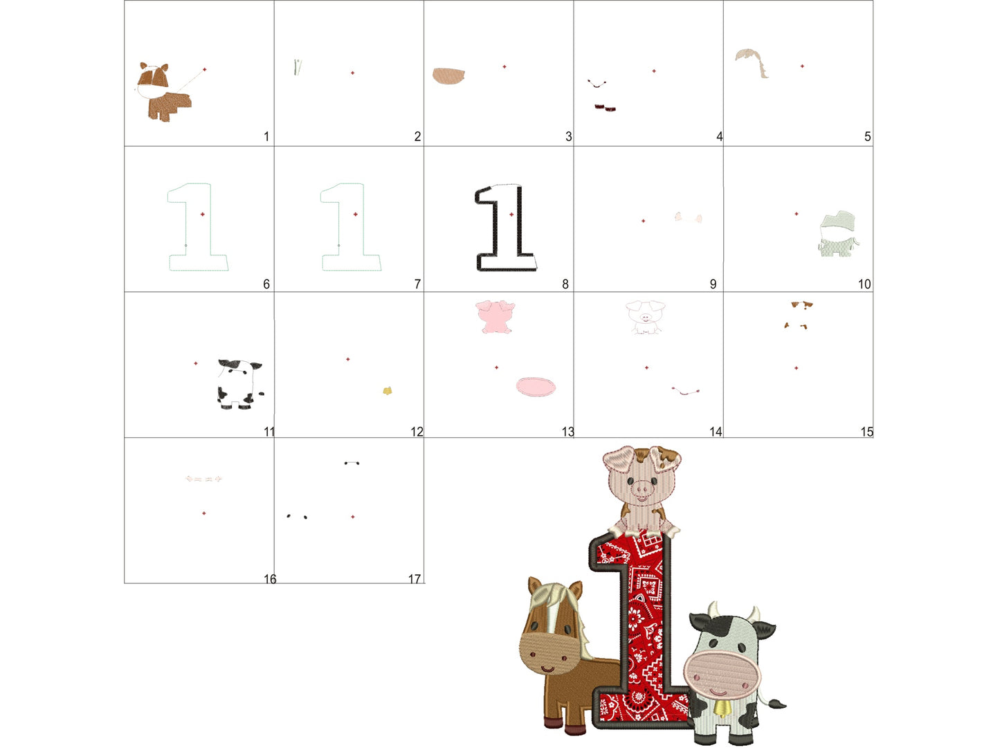 Farm Animals Bithday Number One Full Applique Machine Embroidery Design Digitized Pattern