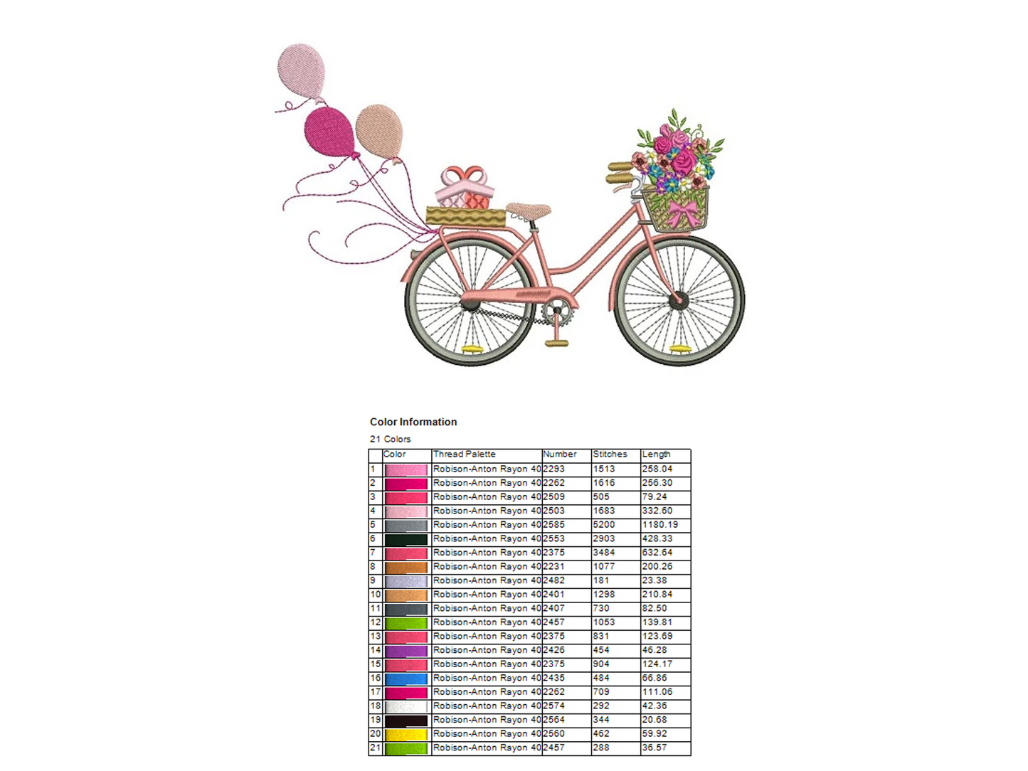 Bicycle With Flowers and Balloons Filled Machine Embroidery Digitized Design Pattern