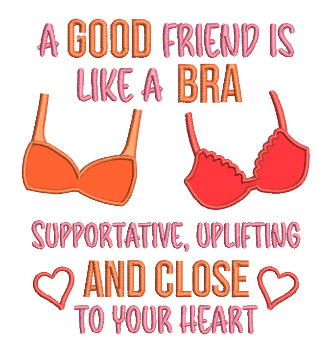 A Good Friend Is Like a Bra Supportive Uplifting And Close To Your Heart Applique Machine Embroidery Design Digitized Pattern