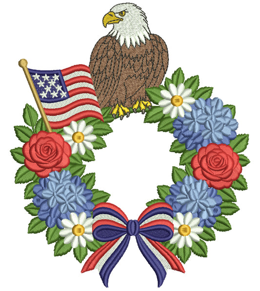 American Eagle Wreath with Flag Patriotic Filled Machine Embroidery Design Digitized Pattern