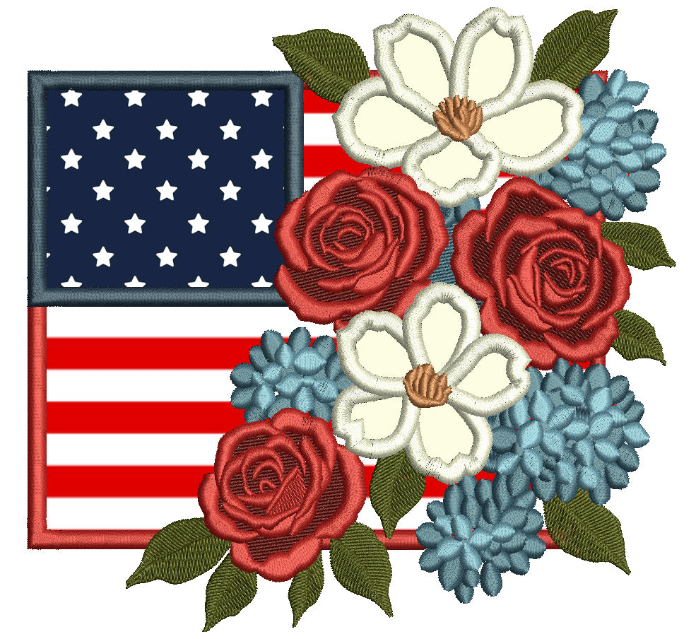 American Flag With Flowers Patriotic Independence Day 4th of July Applique Machine Embroidery Design Digitized Pattern