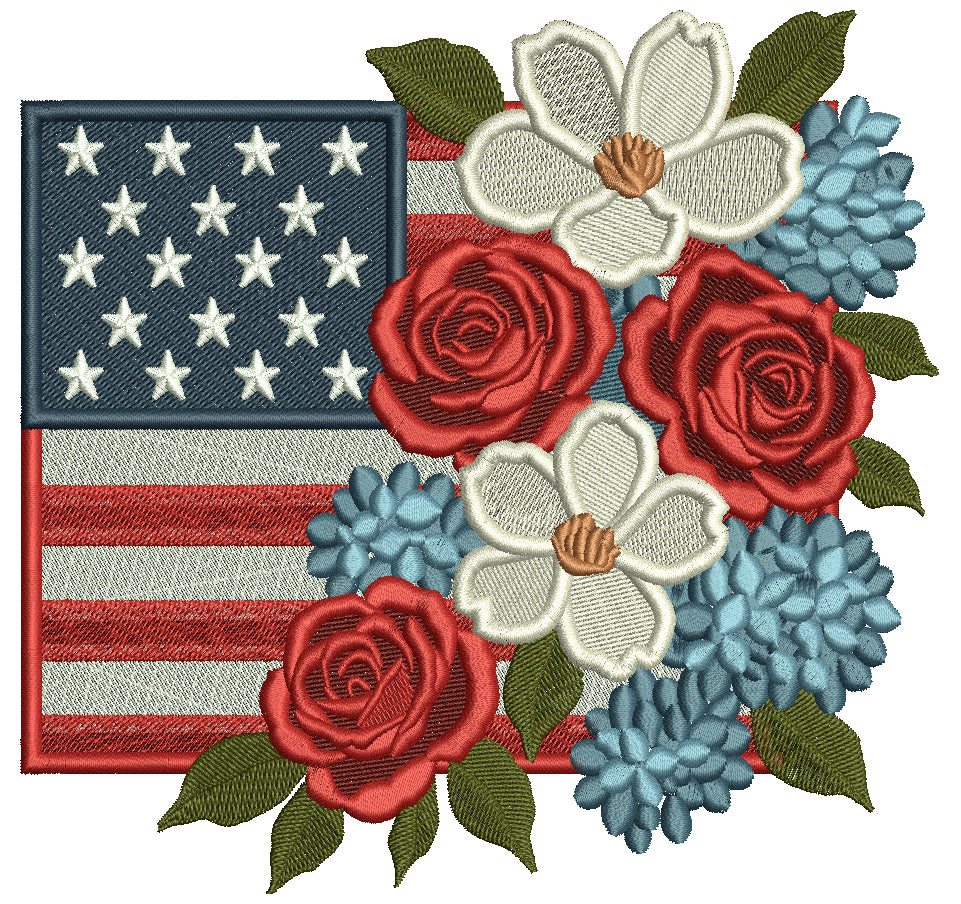 American Flag With Flowers Patriotic Independence Day 4th of July Filled Machine Embroidery Design Digitized Pattern
