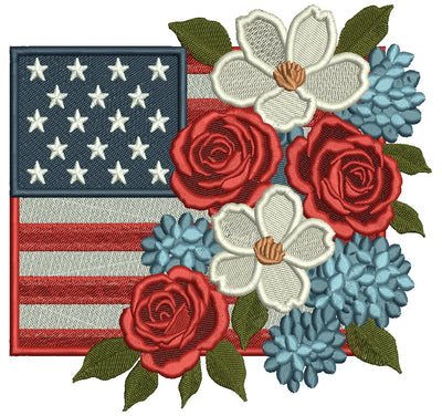 American Flag With Flowers Patriotic Independence Day 4th of July Filled Machine Embroidery Design Digitized Pattern