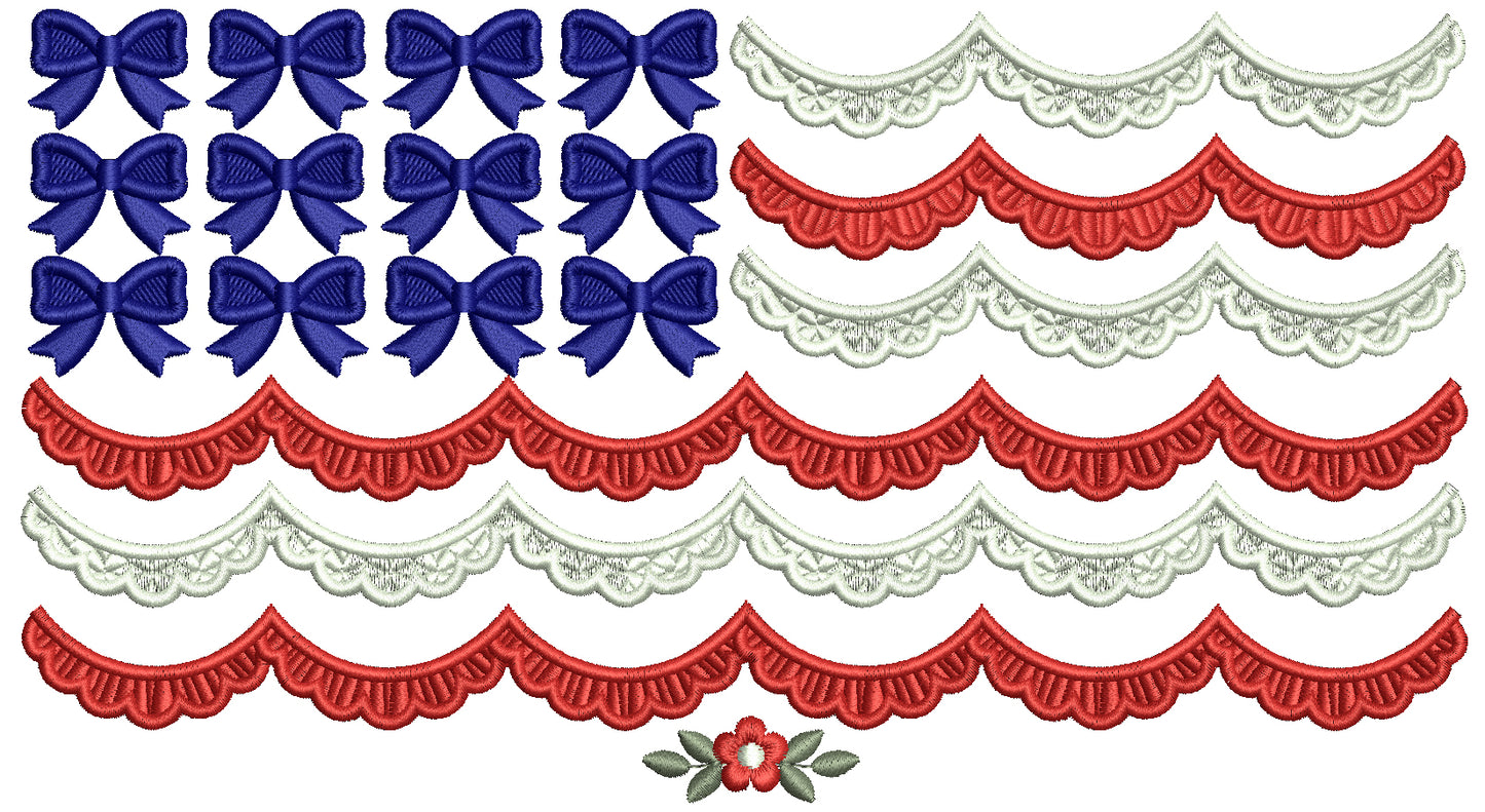 American Flag with Scalloped Trim and Bows Patriotic Filled Machine Embroidery Design Digitized Pattern