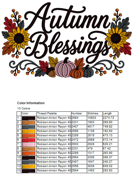 Autumn Blessings Pumpkins And Sunflowers Machine Embroidery Design - Filled