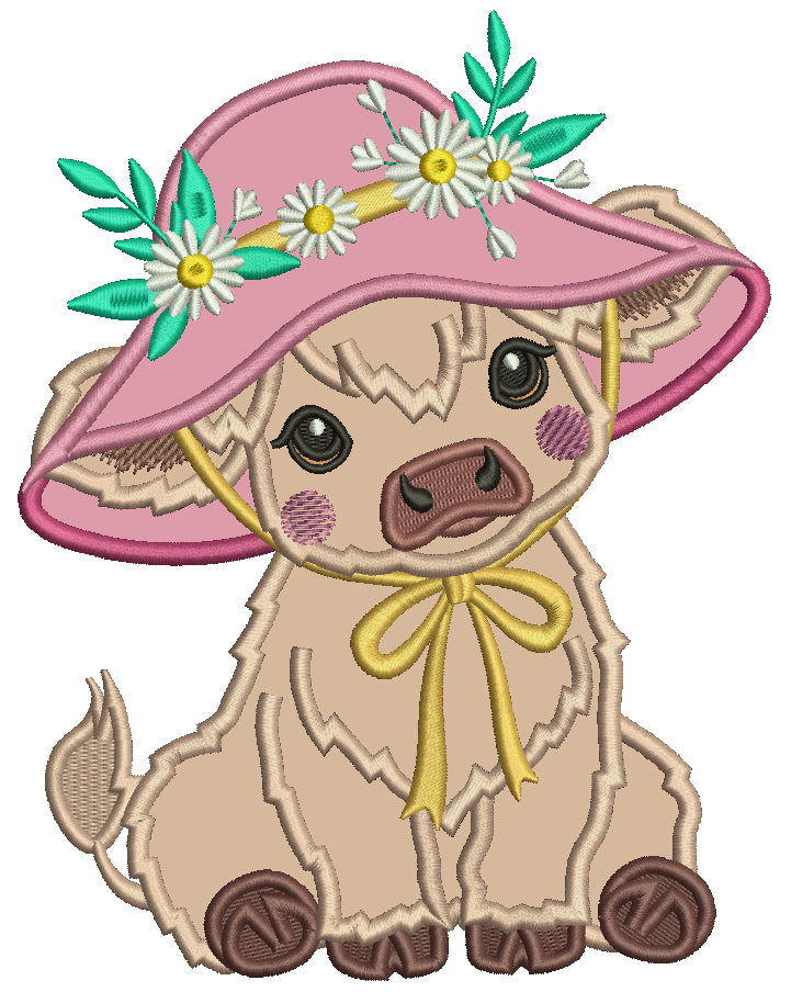 Baby Cow Girl Wearing a Big Hat Applique Machine Embroidery Design Digitized Pattern