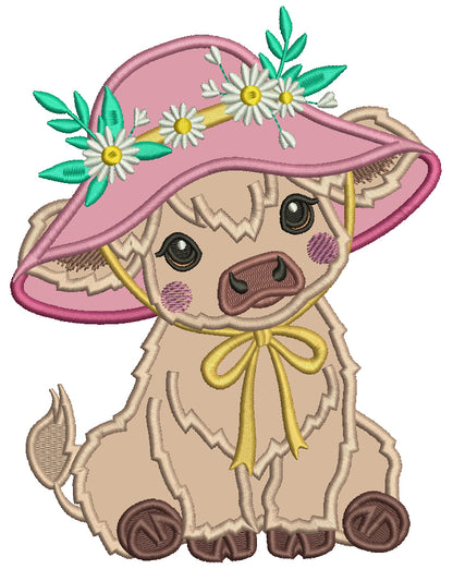 Baby Cow Girl Wearing a Big Hat Applique Machine Embroidery Design Digitized Pattern