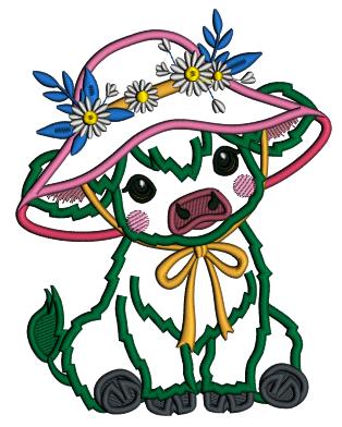 Baby Cow Girl Wearing a Big Hat Applique Machine Embroidery Design Digitized Pattern
