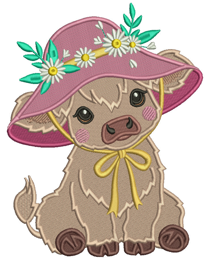 Baby Cow Girl Wearing a Big Hat Filled Machine Embroidery Design Digitized Pattern