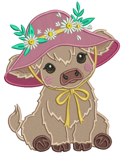 Baby Cow Girl Wearing a Big Hat Filled Machine Embroidery Design Digitized Pattern