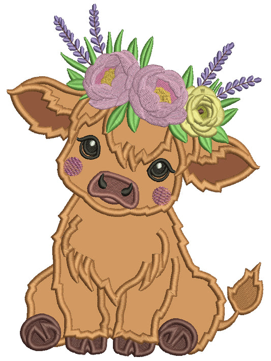 Baby Cow with Flowers Applique Machine Embroidery Design Digitized Pattern