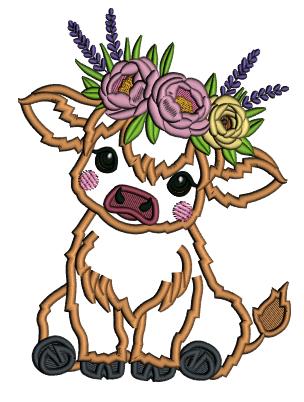Baby Cow with Flowers Applique Machine Embroidery Design Digitized Pattern