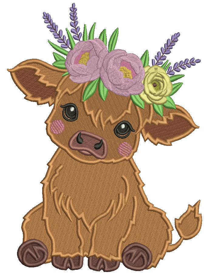 Baby Cow with Flowers Filled Machine Embroidery Design Digitized Pattern