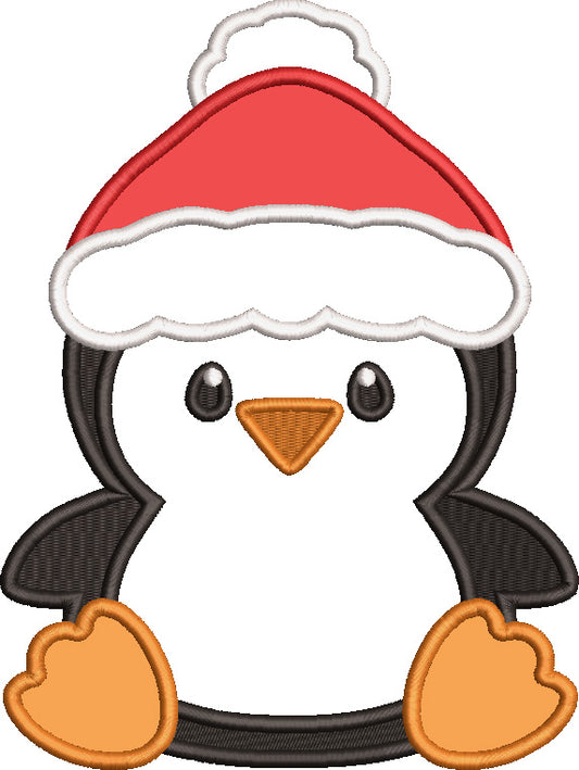 Baby Penguin Wearing Santa Hat Christmas Applique Machine Embroidery Design Digitized Pattern