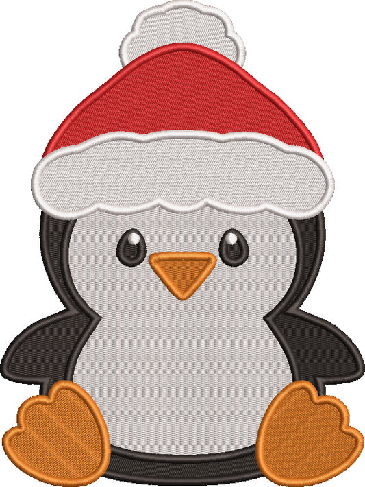 Baby Penguin Wearing Santa Hat Christmas Filled Machine Embroidery Design Digitized Pattern
