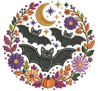 Bats and Moon Wreath with Flowers Halloween Applique Machine Embroidery Design Digitized Pattern