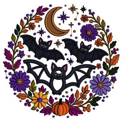Bats and Moon Wreath with Flowers Halloween Applique Machine Embroidery Design Digitized Pattern