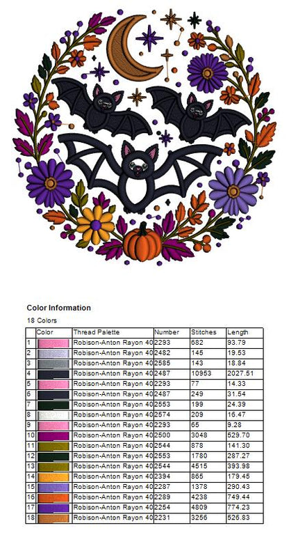 Bats and Moon Wreath with Flowers Halloween Applique Machine Embroidery Design Digitized Pattern