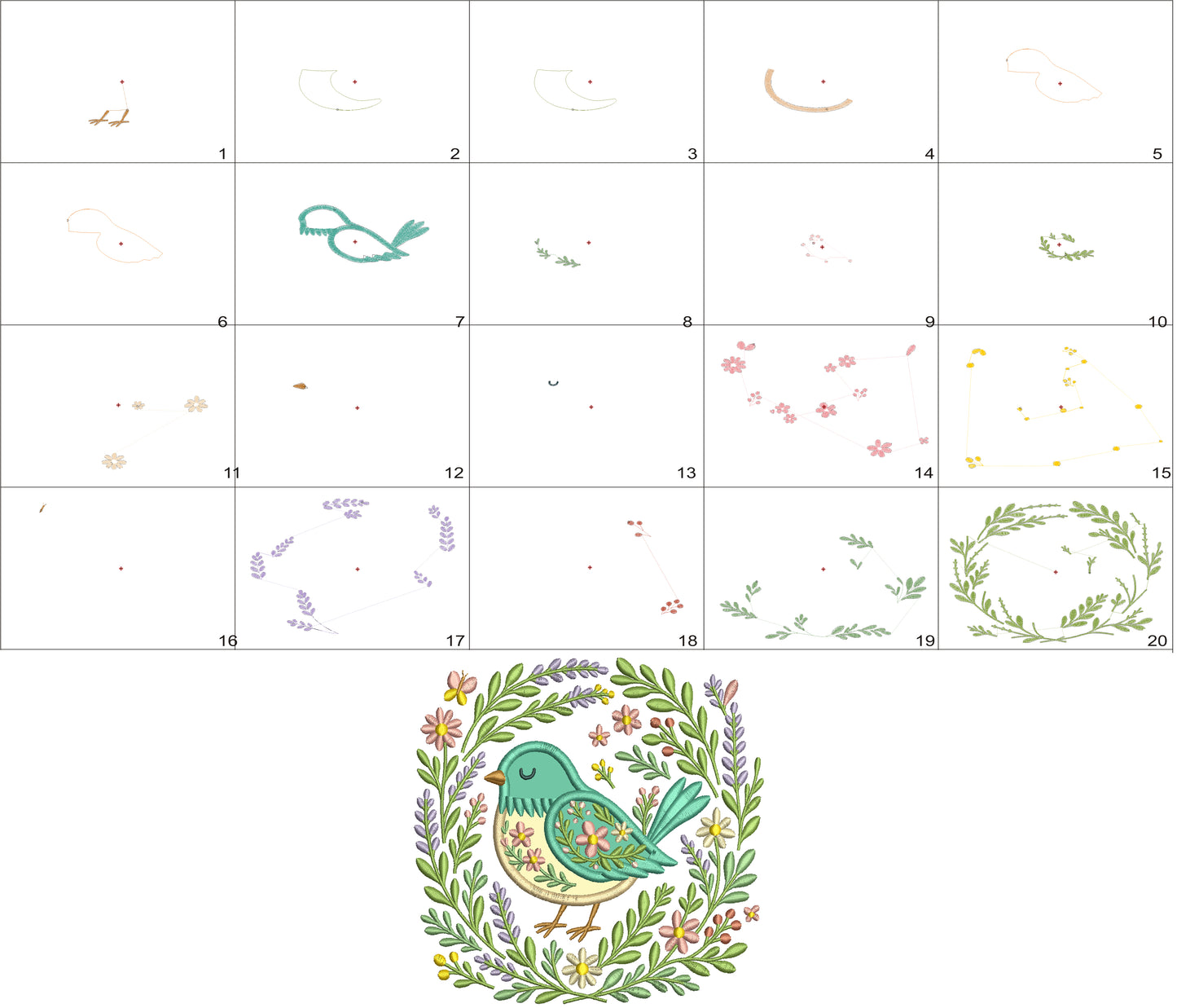 Ornate Bird With Flowers and Butterflies Applique Machine Embroidery Design Digitized Pattern
