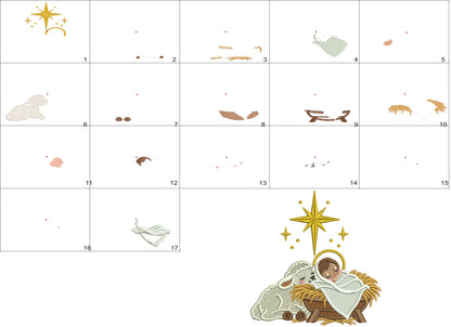 Nativity Scene Baby Jesus In Manger With Lamb Christmas Machine Embroidery Design - Filled