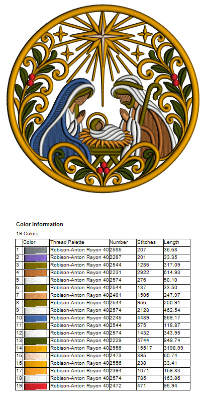 Nativity Scene Mary Joseph And Baby Jesus Ornate Circle Christmas Machine Embroidery Design - Filled
